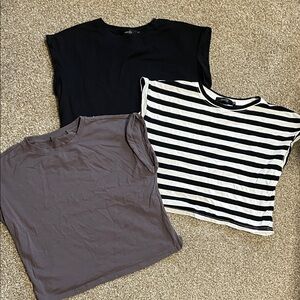 Set of Three Cropped Length Tops - Black, Gray, Striped